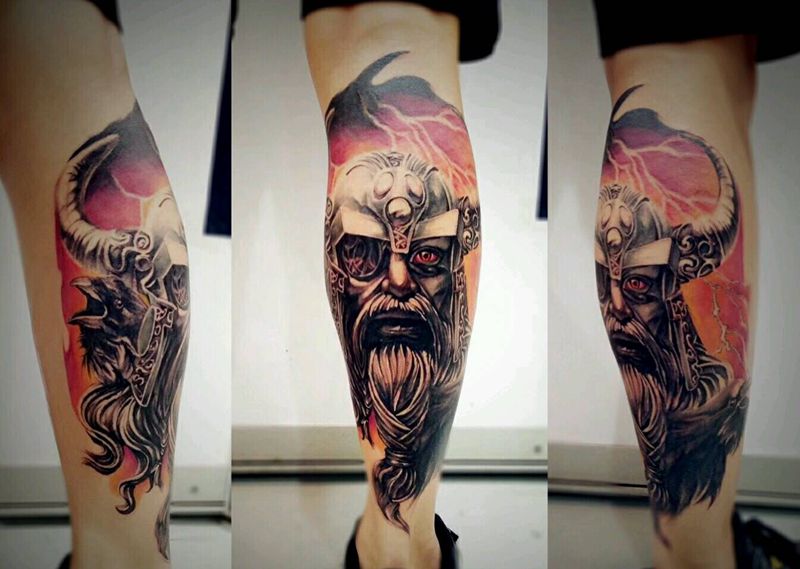 奥丁纹身图片_腿部欧美肖像人物鬼神宗教原创成品纹身图案