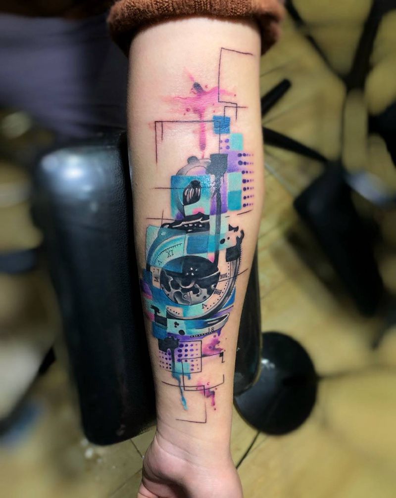 【怀表】纹身图片_手臂手部水彩水墨表怀表指针纹身图案