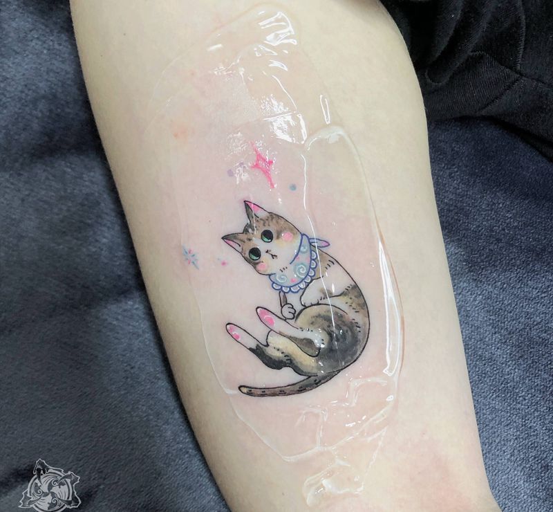 猫纹身图片_手臂水彩猫咪纹身图案
