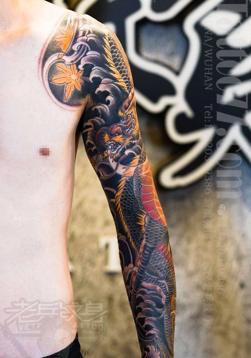 花臂浪花龙纹身作品纹身图片