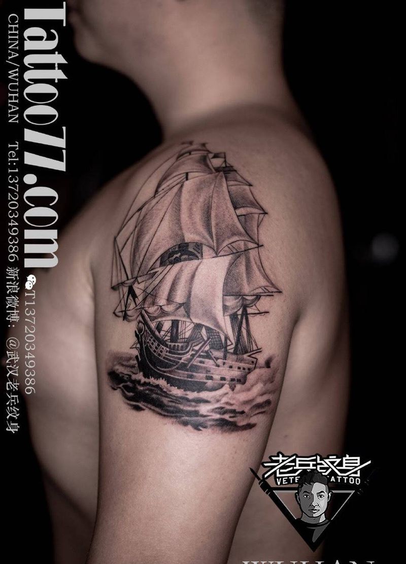 大臂帆船纹身作品纹身图片