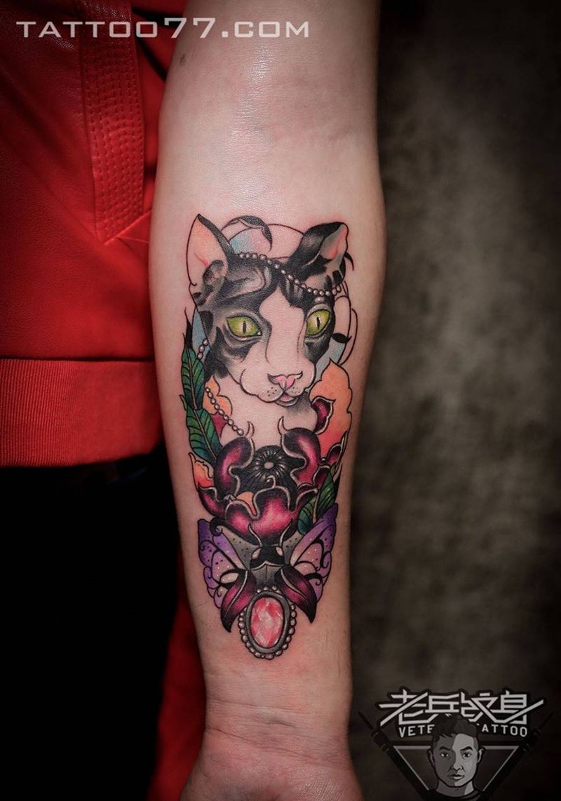 手部school 猫咪纹身作品纹身图片_成品手部欧美动物纹身图案
