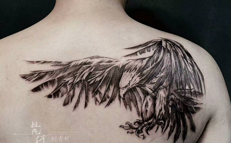 鹰纹身图片_背部新传统鹰纹身图案