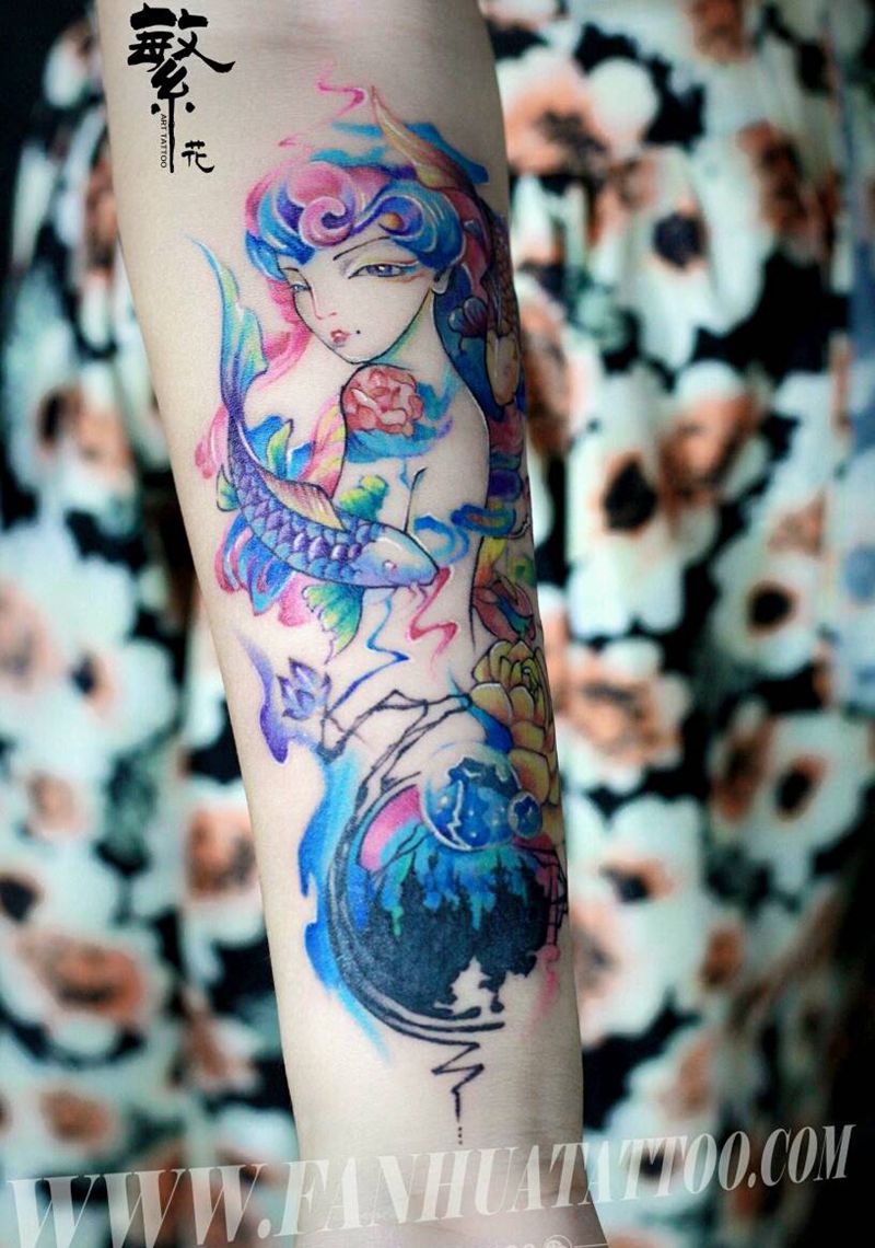 双鱼座纹身图片_手臂清新人物原创水彩成品纹身图案