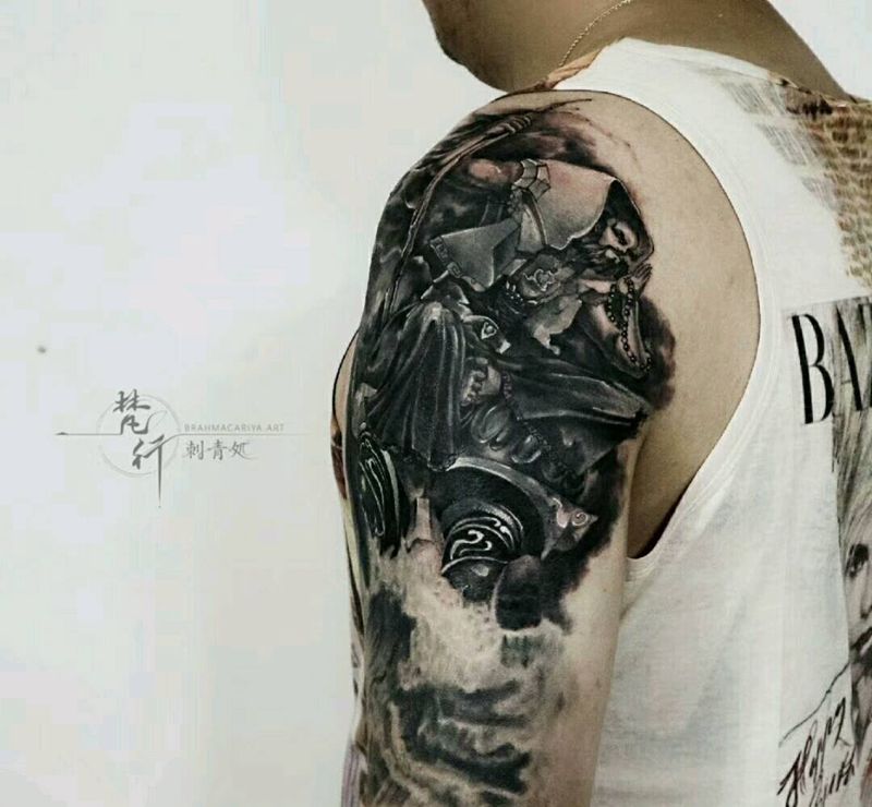 遮盖纹身图片_手臂老传统水墨人物纹身图案