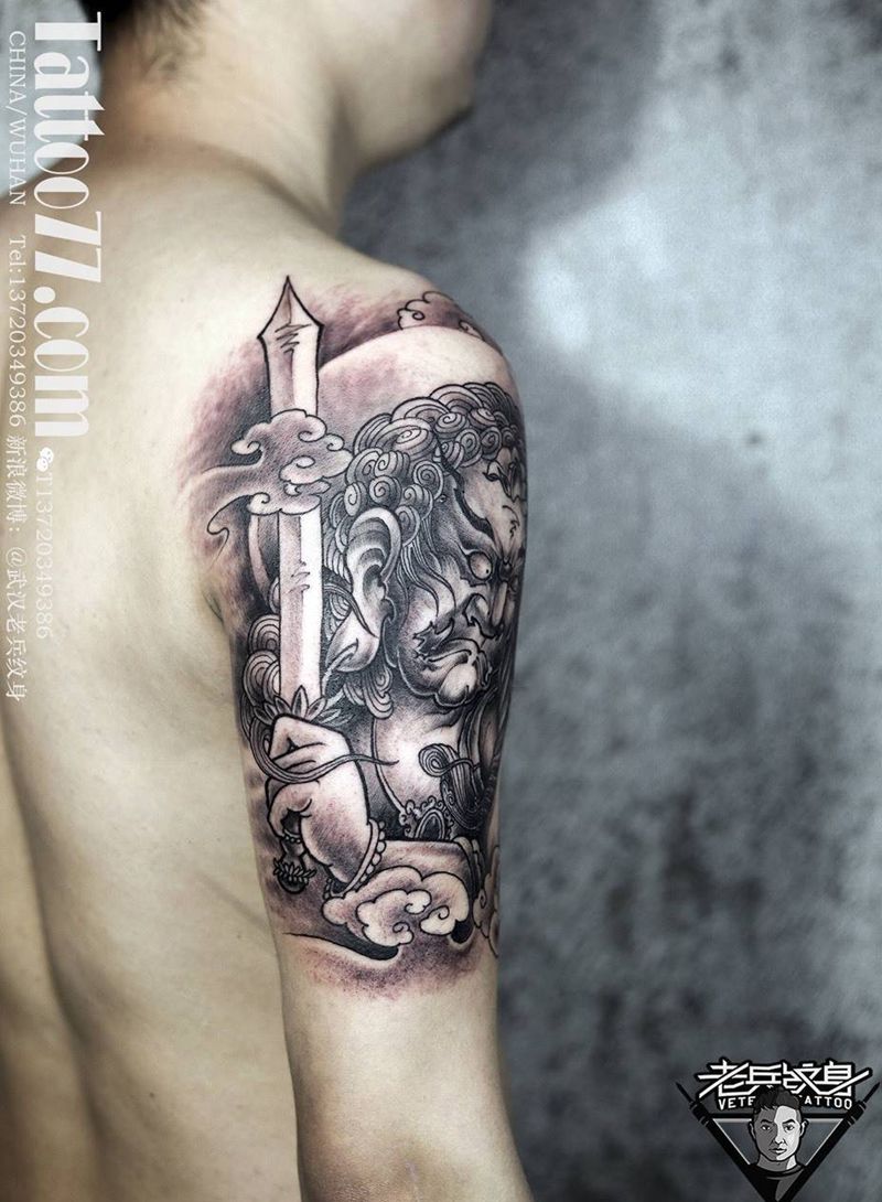 大臂不动明王纹身作品纹身图片_成品手臂传统人物纹身图案