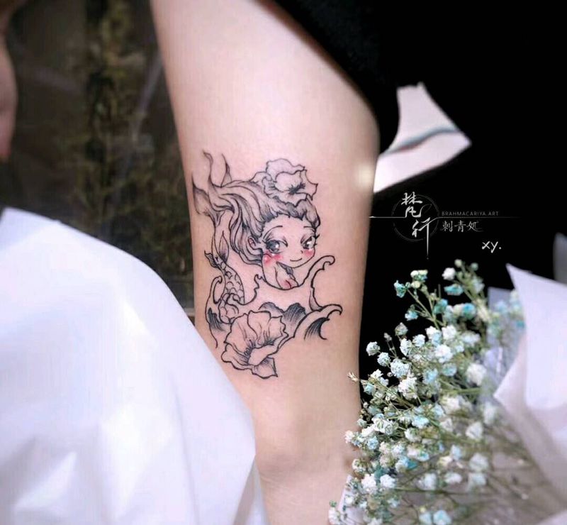 动漫纹身图片_腿部新传统水彩纹身图案