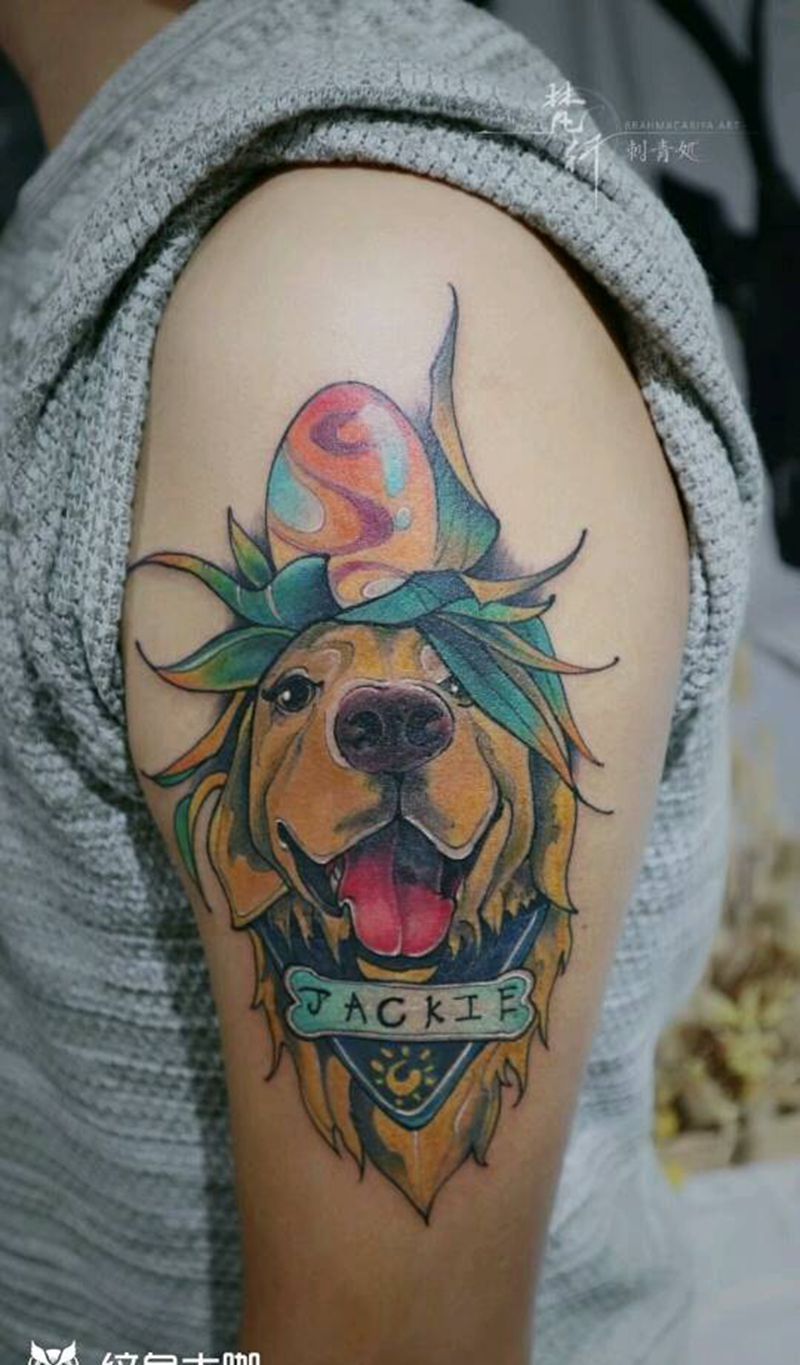 金毛犬纹身图片_手臂新传统狗彩蛋树叶纹身图案