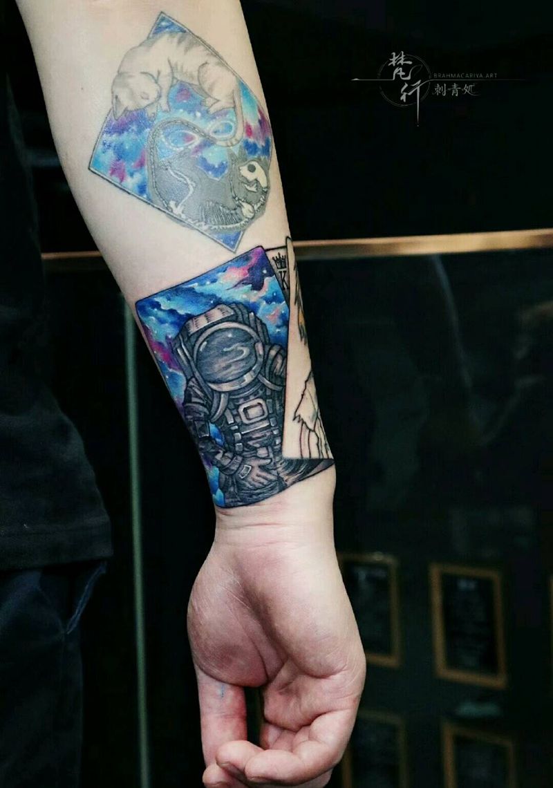 修改纹身图片_手臂新传统水彩宇航员纹身图案