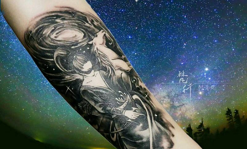 遮盖纹身图片_手臂新传统星座射手座白龙马纹身图案