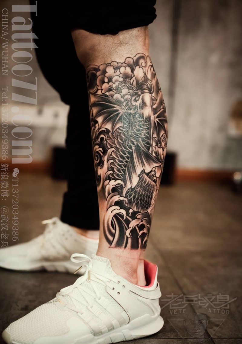 鳌鱼纹身图片_成品腿部传统原创动物纹身图案