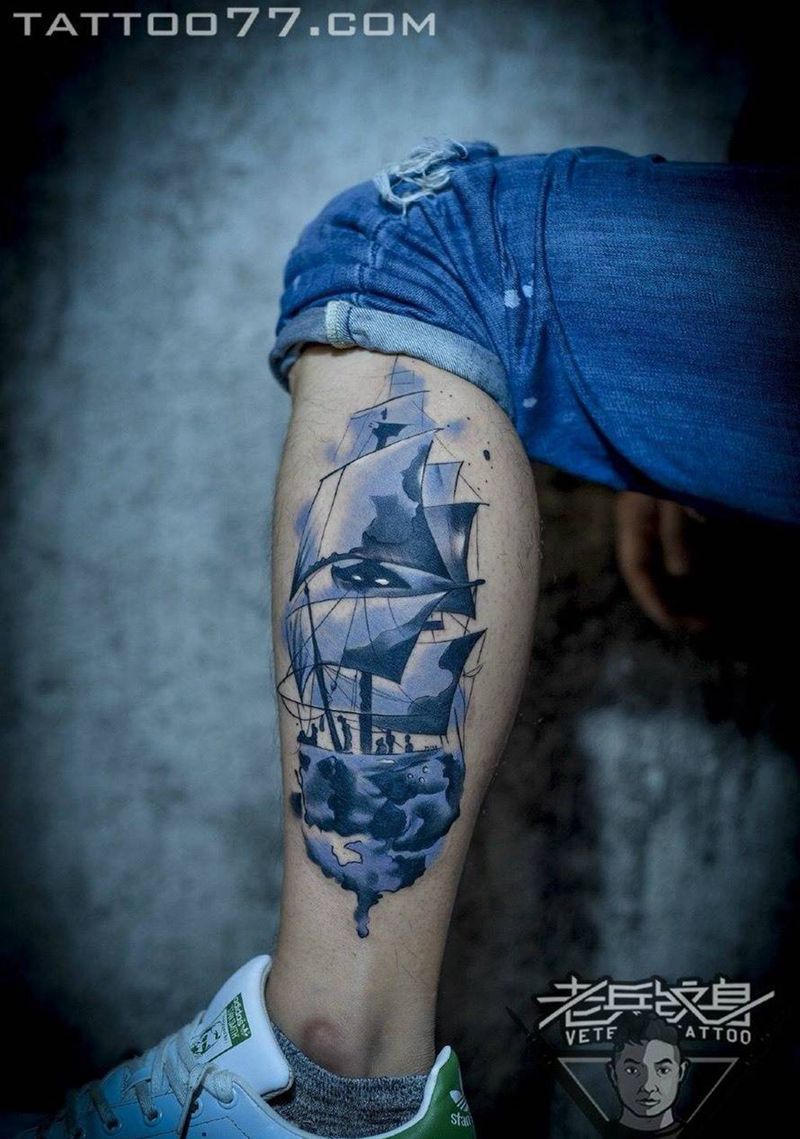 小腿帆船纹身纹身图片
