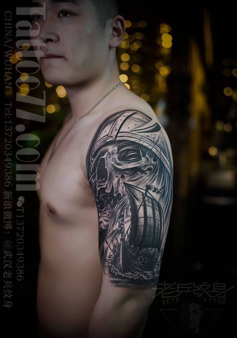 大臂欧美骷髅帆船纹身作品纹身图片