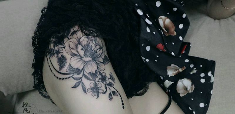 素花纹身图片_腿部新传统花纹身图案