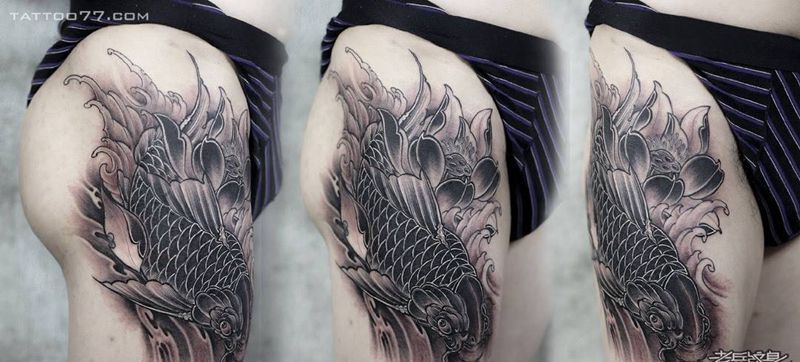 大腿鲤鱼遮盖纹身图片