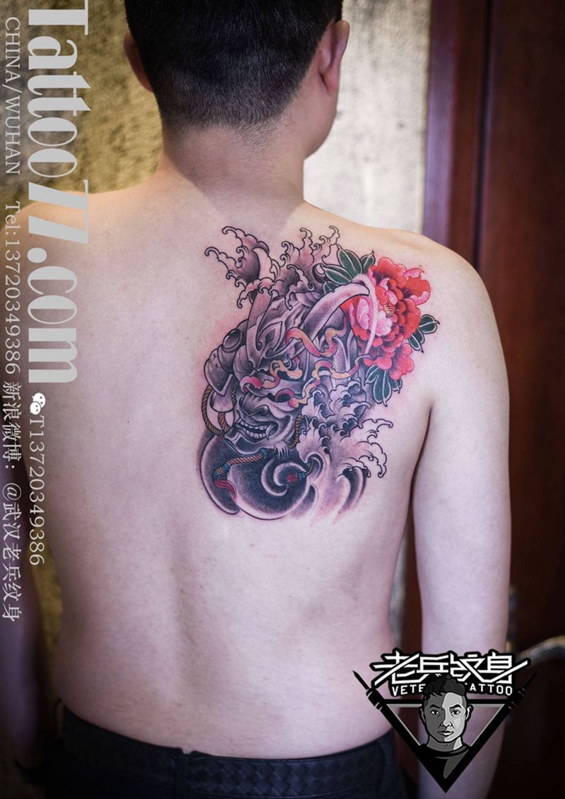 牡丹武士纹身纹身图片_成品肩部欧美人物纹身图案