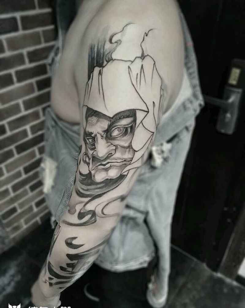 达摩花臂纹身图片_手臂传统国画字符人物中国风成品纹身图案