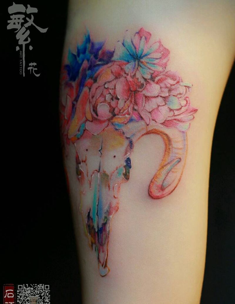 遮盖·水彩羊纹身图片_手臂欧美清新动物植物原创水彩成品纹身图案