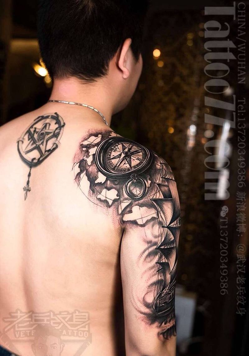 披肩欧美帆船指南针纹身作品纹身图片