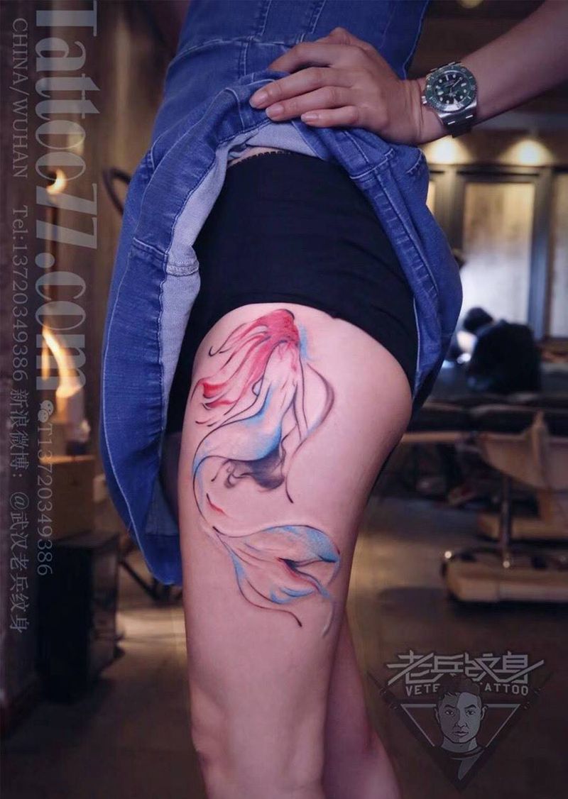 妹子大腿美人鱼纹身作品纹身图片_成品腿部清新人物动物纹身图案