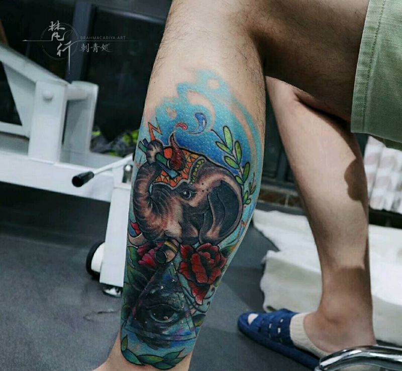 修改添加纹身图片_腿部新传统水彩象神眼睛纹身图案