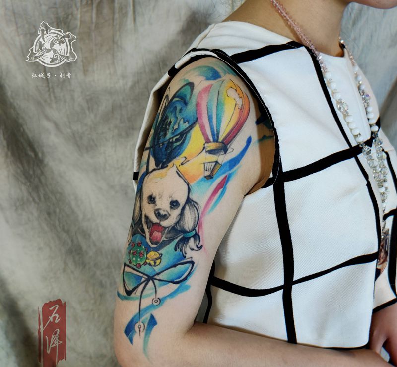 水彩·狗狗纹身图片_手臂水彩纹身图案