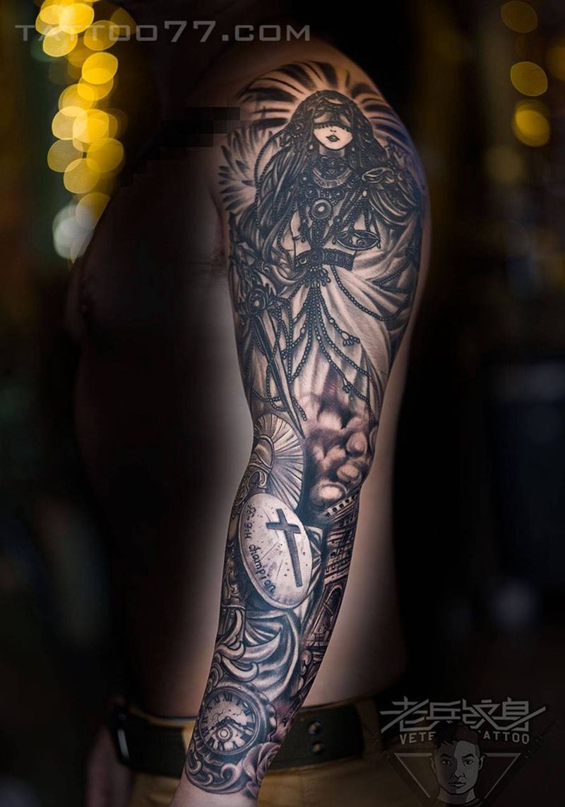 超帅的欧美花臂纹身图片_成品手臂欧美人物纹身图案