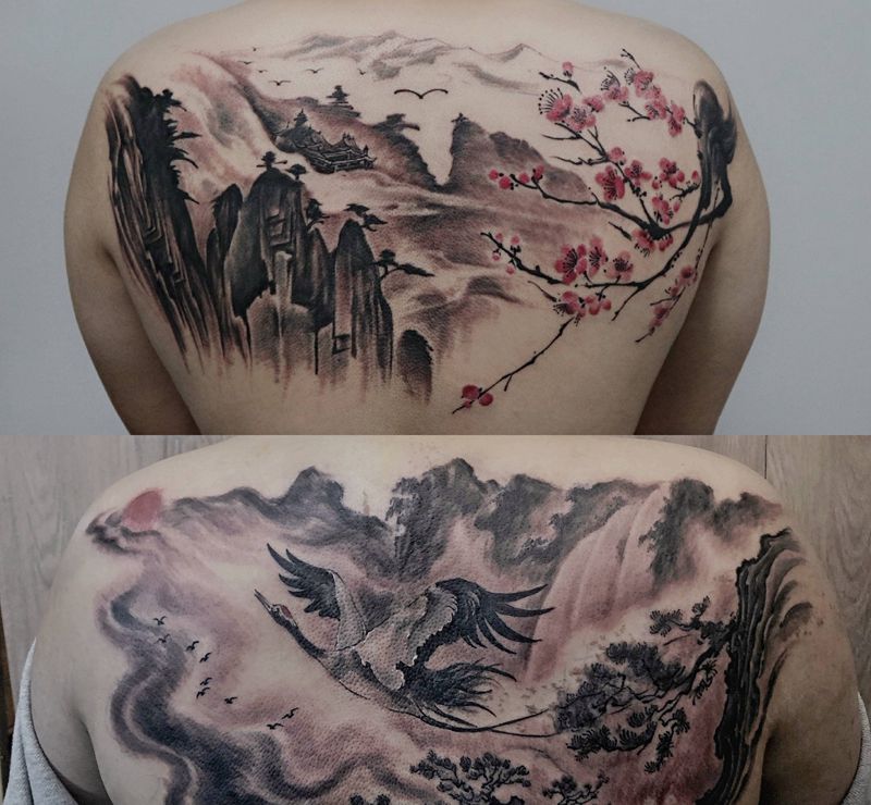 中国山水纹身图片_背部新传统水墨中国风山水国粹纹身图案