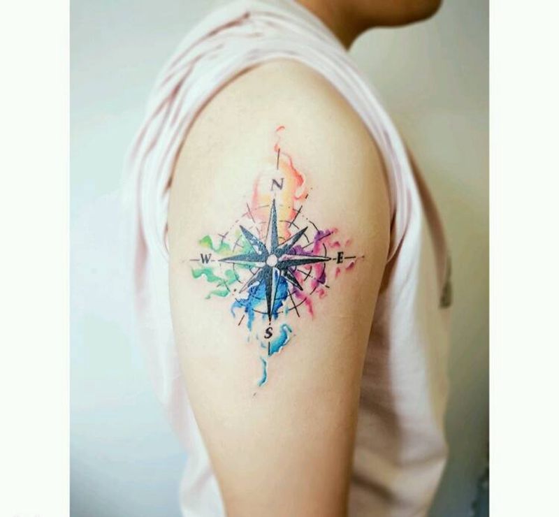 水彩罗盘纹身图片_手臂清新水彩成品纹身图案