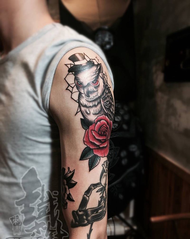 猫头鹰纹身图片_成品手臂欧美传统动物纹身图案