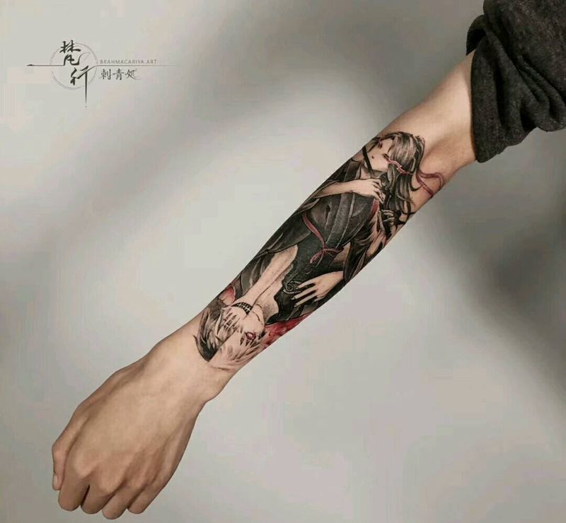 动漫人物纹身图片_手臂水墨新传统人物纹身图案