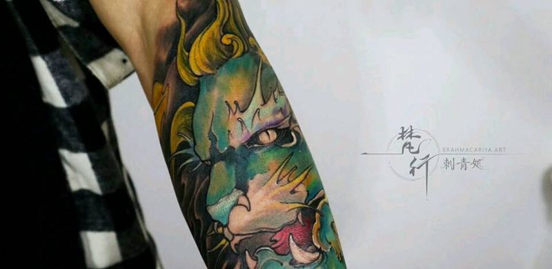 貔貅纹身图片_手臂新传统貔貅纹身图案