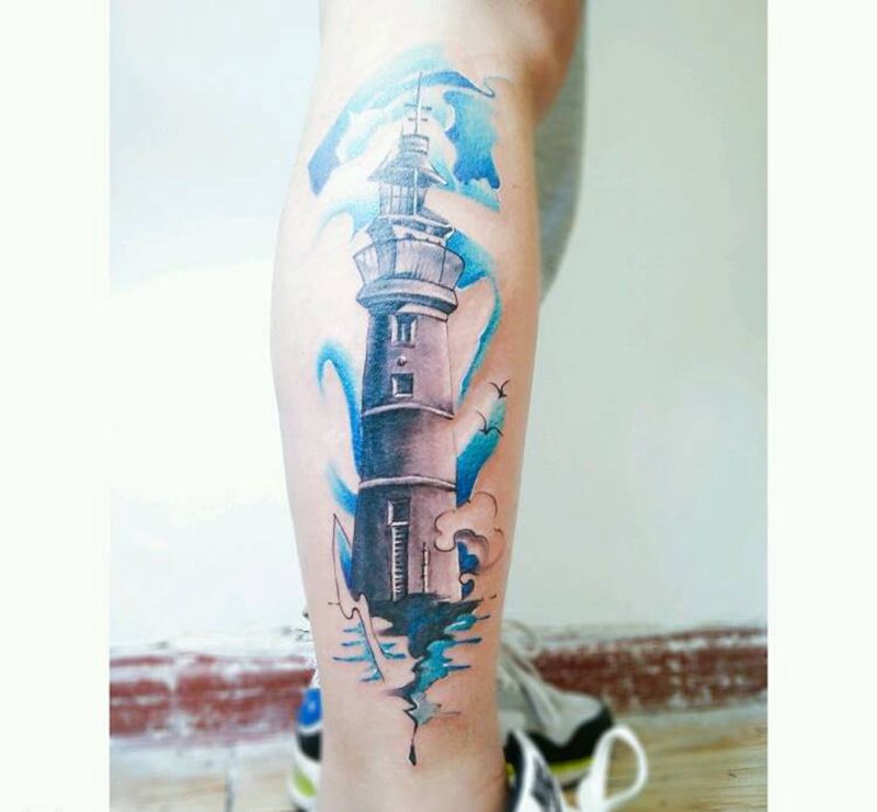 水彩灯塔纹身图片_腿部清新静物原创水彩成品纹身图案