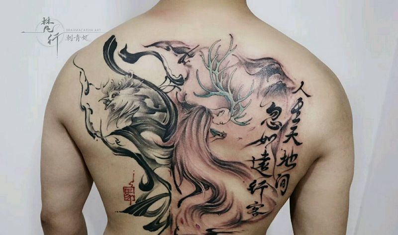 半背添加纹身图片_背部新传统水墨书法纹身图案