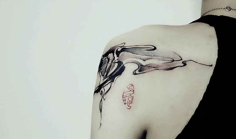 《书法·少》纹身图片_肩部国画字符原创泼墨中国风成品纹身图案