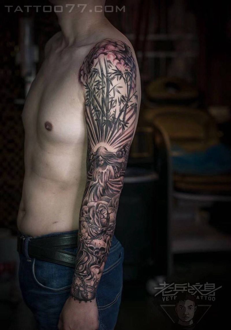 欧美花臂纹身图片_成品手臂欧美人物纹身图案