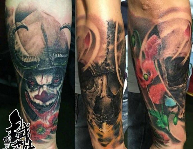 小丑纹身图片_成品手臂欧美植物人物鬼神纹身图案