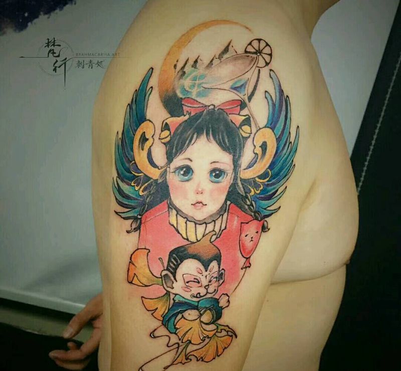 属猴的金牛宝宝纹身图片_手臂新传统水彩纹身图案