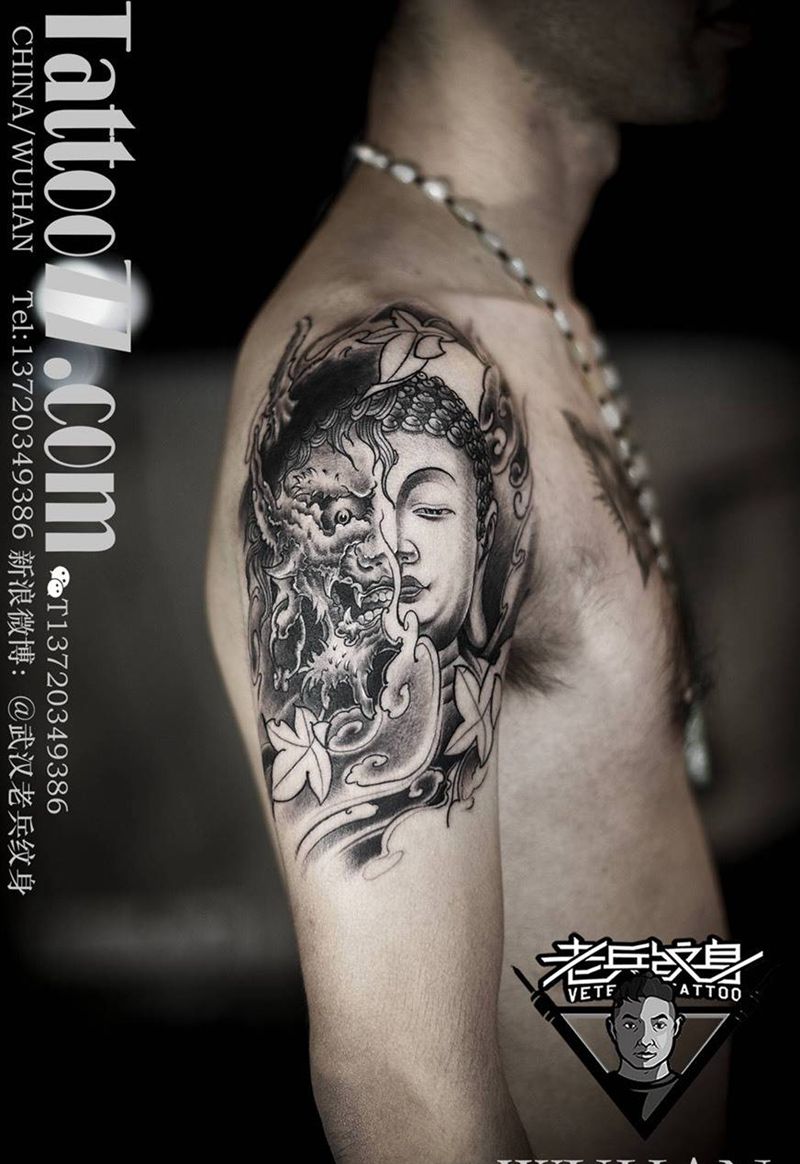 大臂佛魔纹身纹身图片_成品手臂传统鬼神纹身图案