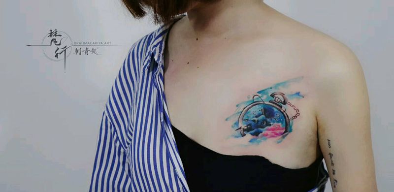 遮盖纹身图片_水彩新传统时间纹身图案