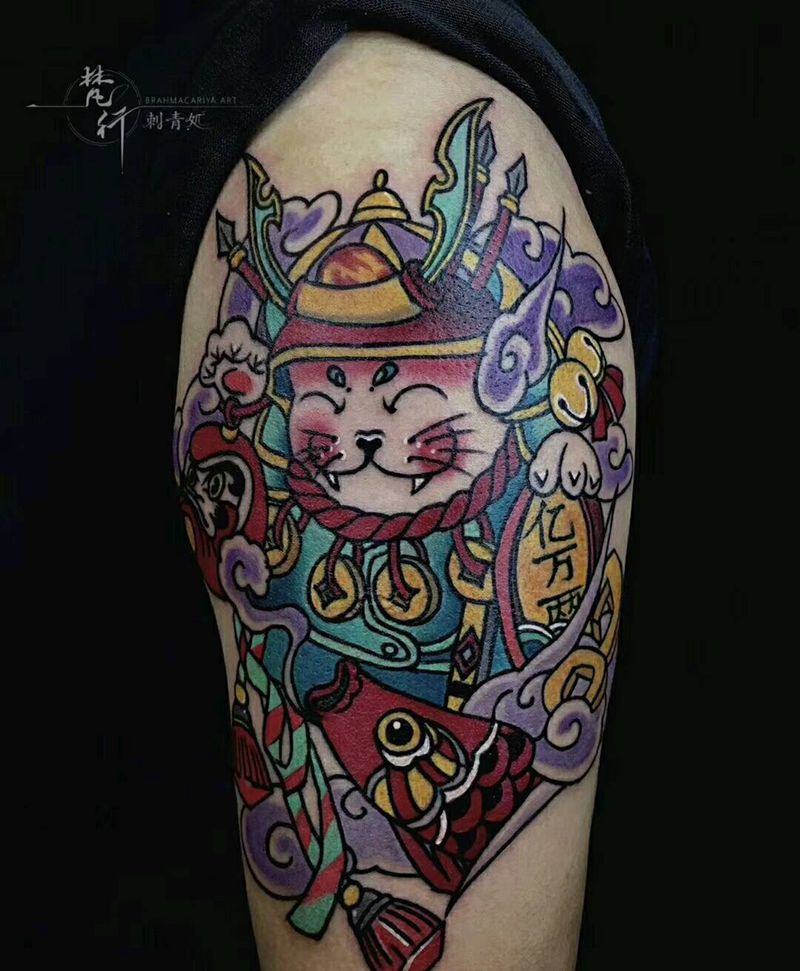 招财猫纹身图片_手臂新传统水彩猫纹身图案