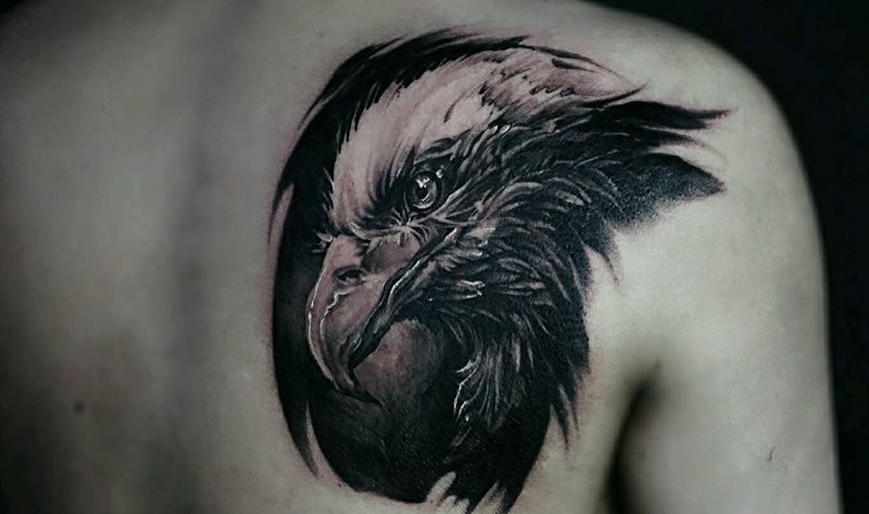 老鹰·遮盖纹身图片_背部欧美写实动物成品纹身图案
