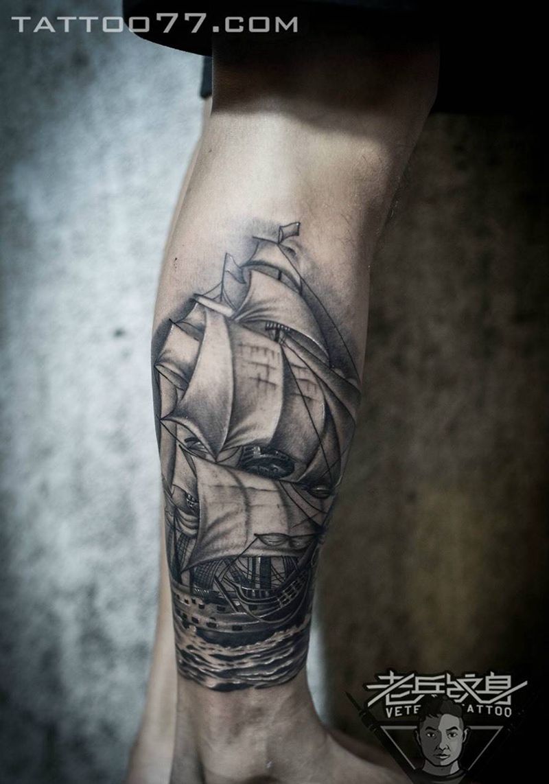 小腿帆船纹身作品纹身图片_成品腿部欧美纹身图案