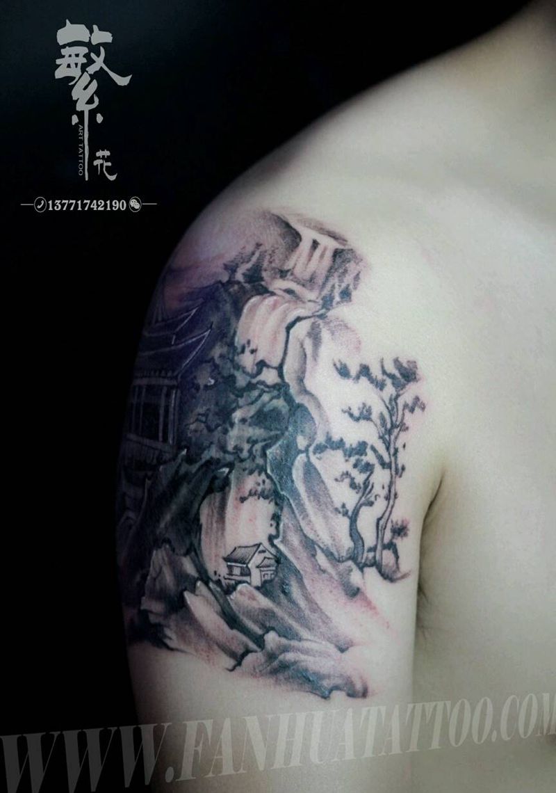 古风山水遮盖纹身图片_手臂国画原创中国风成品纹身图案