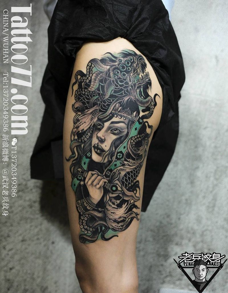 性感大腿欧美女郎纹身图片_成品腿部欧美人物纹身图案