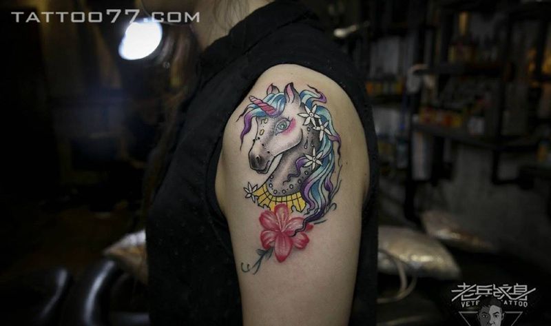 手臂独角兽纹身作品纹身图片_成品手臂清新动物纹身图案