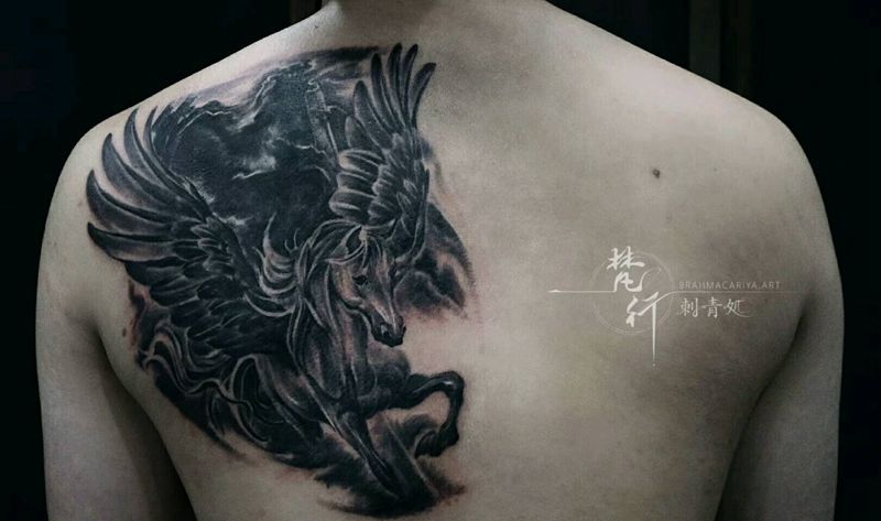 遮盖天马纹身图片_背部老传统马翅膀纹身图案