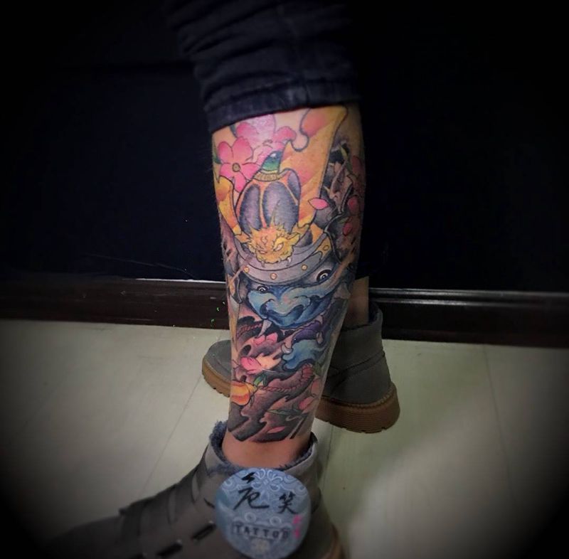 鬼武士纹身图片_成品腿部传统纹身图案