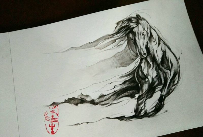 奔腾纹身图片_背部国画动物泼墨手稿纹身图案