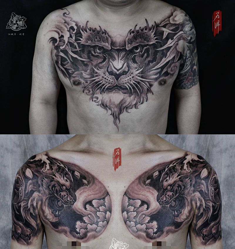 老虎纹身图片_胸部手臂新传统中国传统老虎纹身图案
